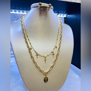 NWT 18k gold filled Necklace, CZ designer inspired Cross Set with Earrings